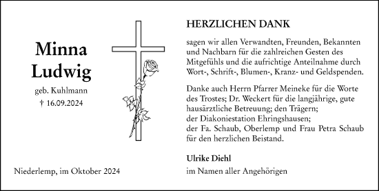 Traueranzeige von Minna Ludwig von Wetzlarer Neue Zeitung