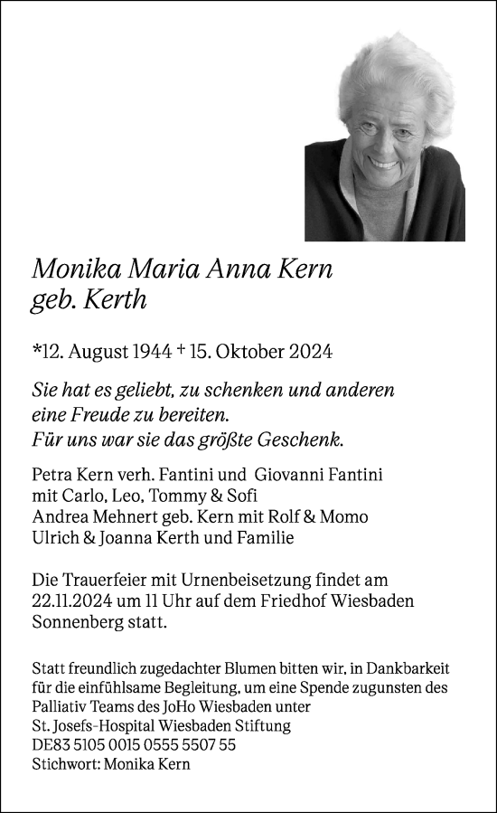 Traueranzeige von Monika Maria Anna Kern von Wiesbadener Kurier