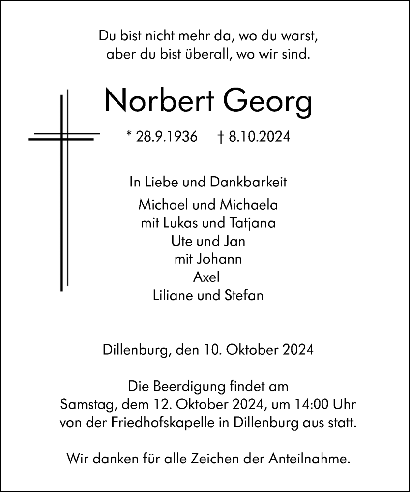  Traueranzeige für Norbert Georg vom 10.10.2024 aus Dill Block