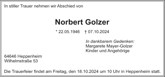 Traueranzeige von Norbert Golzer von Starkenburger Echo