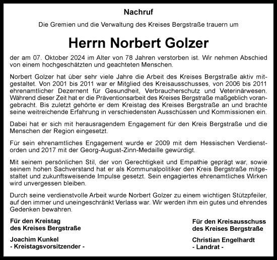 Traueranzeige von Norbert Golzer von Starkenburger Echo