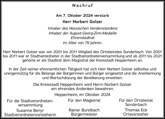 Traueranzeige von Norbert Golzer von Starkenburger Echo