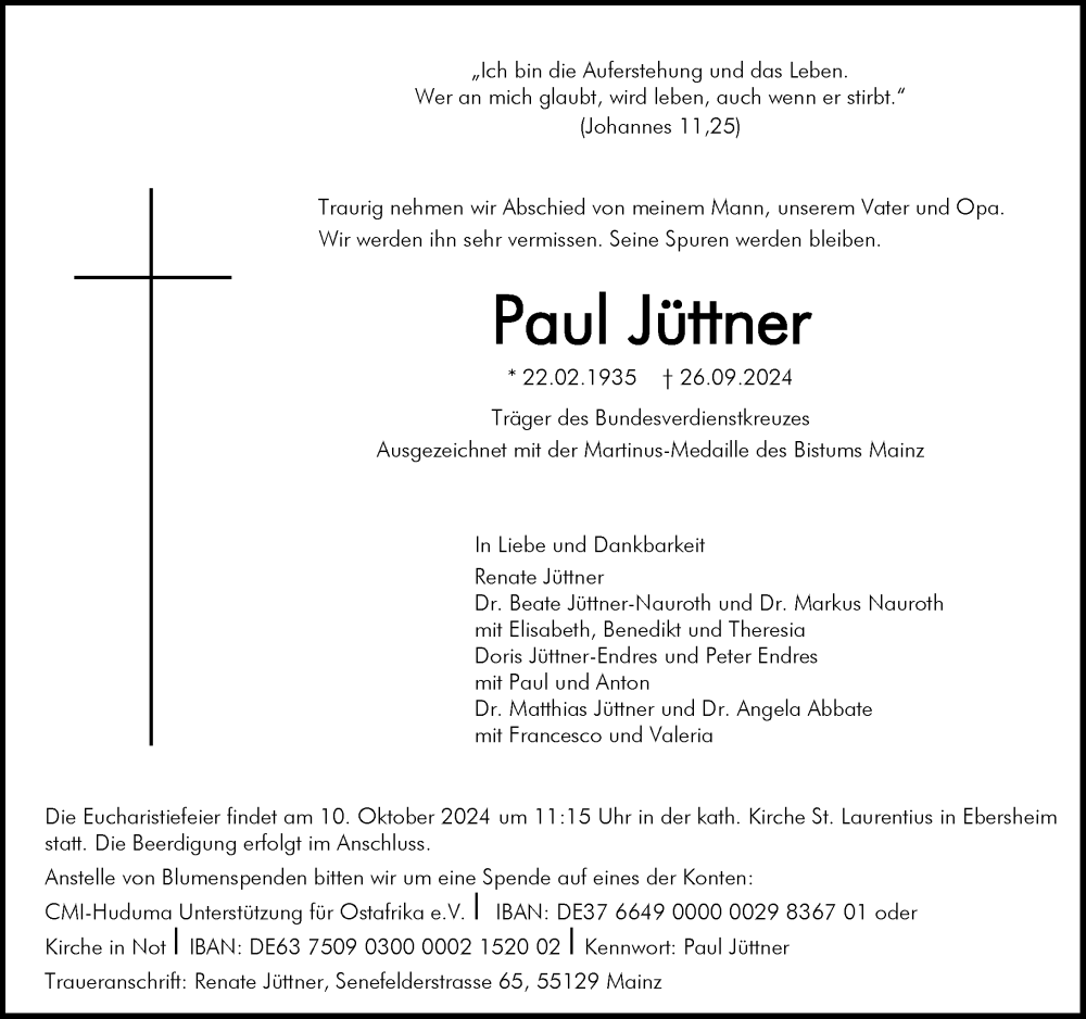  Traueranzeige für Paul Jüttner vom 05.10.2024 aus Allgemeine Zeitung Mainz