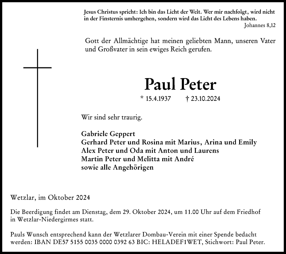  Traueranzeige für Paul Peter vom 26.10.2024 aus Wetzlarer Neue Zeitung