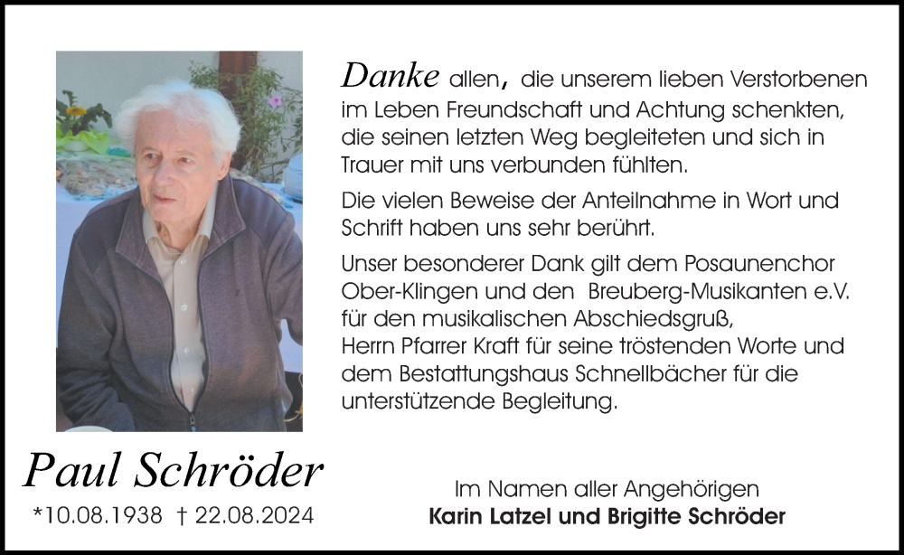  Traueranzeige für Paul Schröder vom 12.10.2024 aus Odenwälder Echo