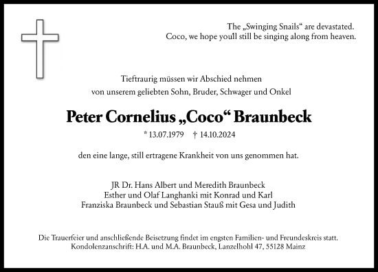 Traueranzeige von Peter Cornelius Braunbeck von Allgemeine Zeitung Mainz