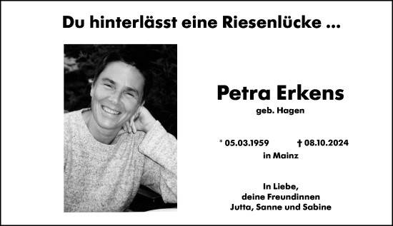 Traueranzeige von Petra Erkens von Allgemeine Zeitung Mainz