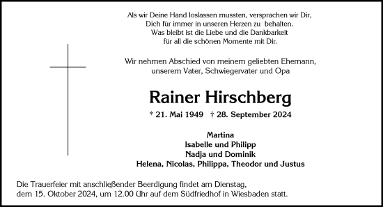 Traueranzeige von Rainer Hirschberg von Wiesbadener Kurier