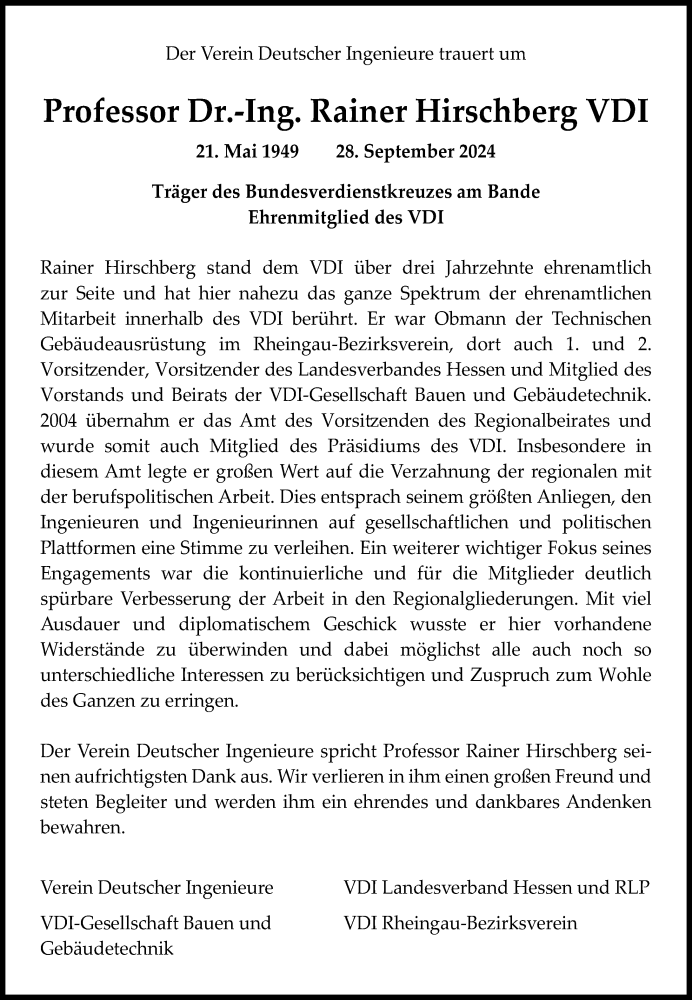  Traueranzeige für Rainer Hirschberg vom 12.10.2024 aus Wiesbadener Kurier