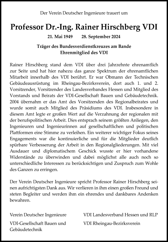 Traueranzeige von Rainer Hirschberg von Wiesbadener Kurier