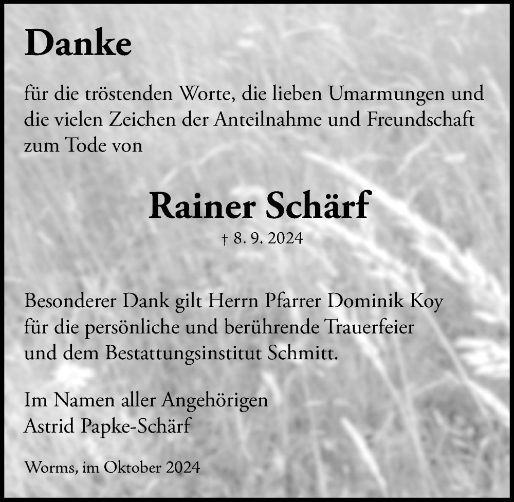  Traueranzeige für Rainer Schärf vom 17.10.2024 aus Wormser Zeitung