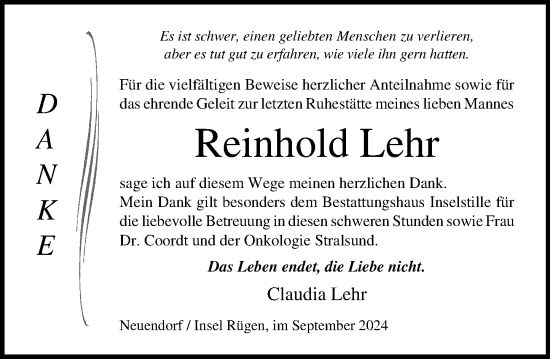 Traueranzeige von Reinhold Lehr von Odenwälder Echo