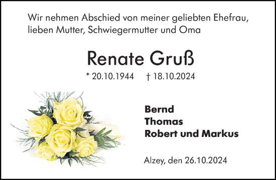 Traueranzeige von Renate Gruß von Allgemeine Zeitung Alzey