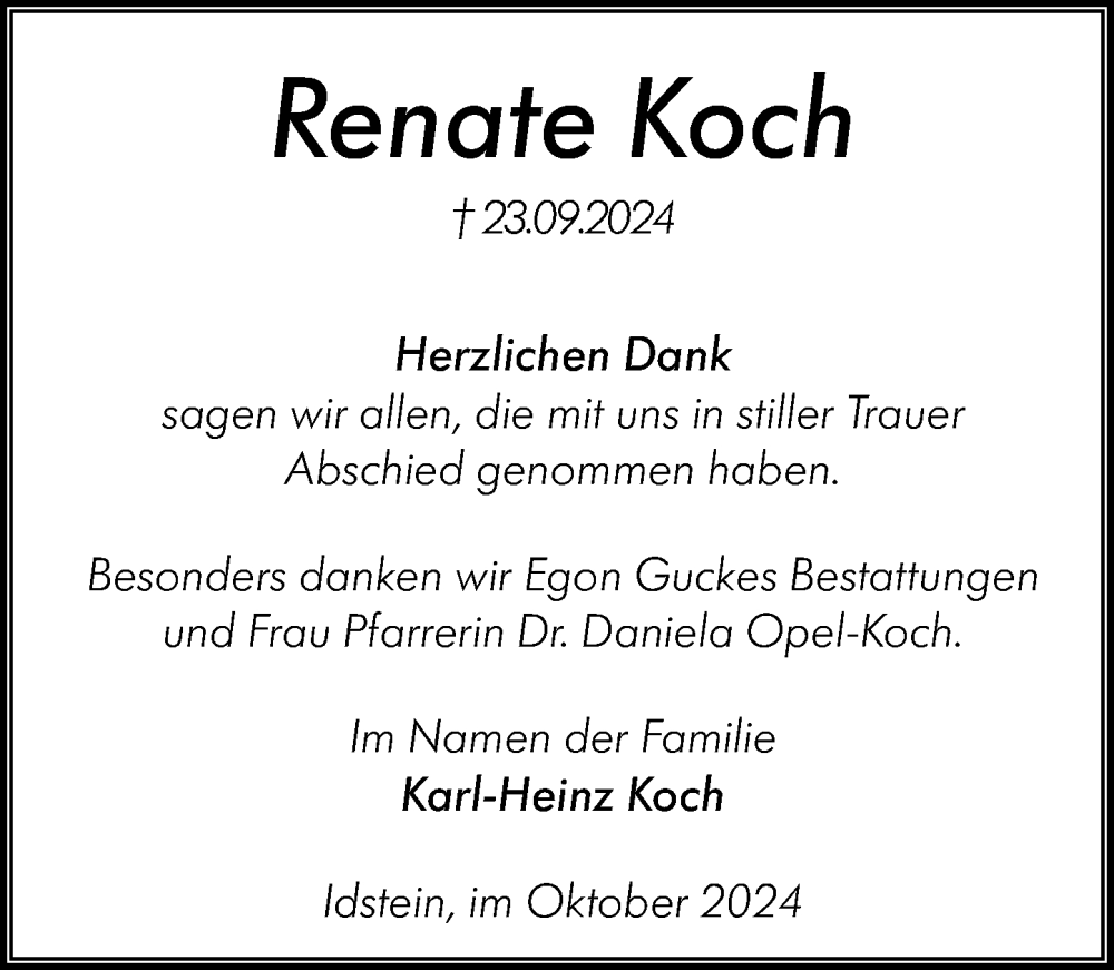  Traueranzeige für Renate Koch vom 26.10.2024 aus Idsteiner Land/Untertaunus