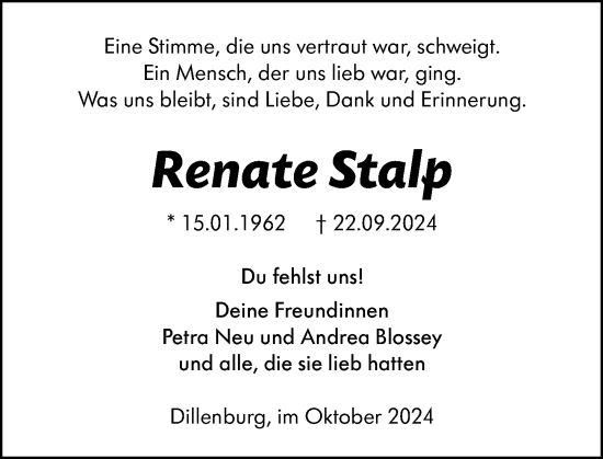 Traueranzeige von Renate Stalp von Dill Block