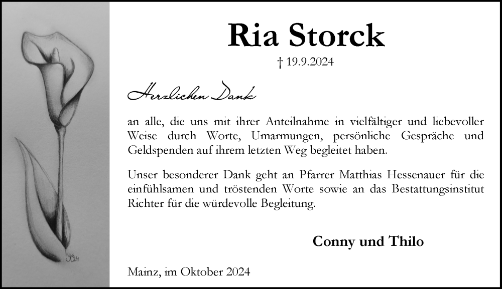  Traueranzeige für Ria Storck vom 19.10.2024 aus Allgemeine Zeitung Mainz