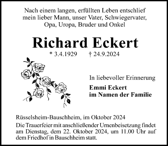 Traueranzeige von Richard Eckert von Rüsselsheimer Echo