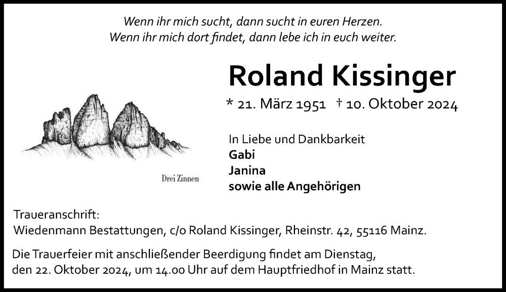  Traueranzeige für Roland Kissinger vom 19.10.2024 aus Allgemeine Zeitung Rheinhessen-Nahe
