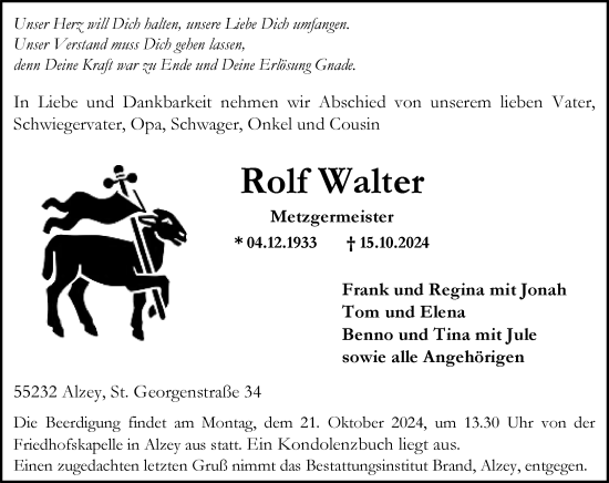 Traueranzeige von Rolf Walter von Allgemeine Zeitung Alzey