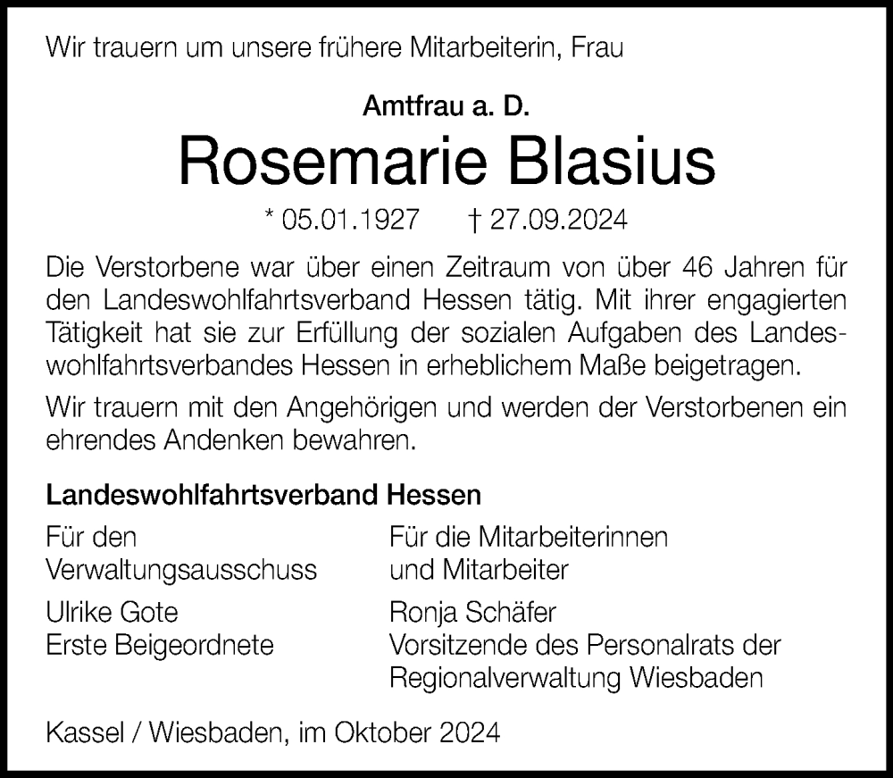  Traueranzeige für Rosemarie Blasius vom 19.10.2024 aus Wiesbadener Kurier