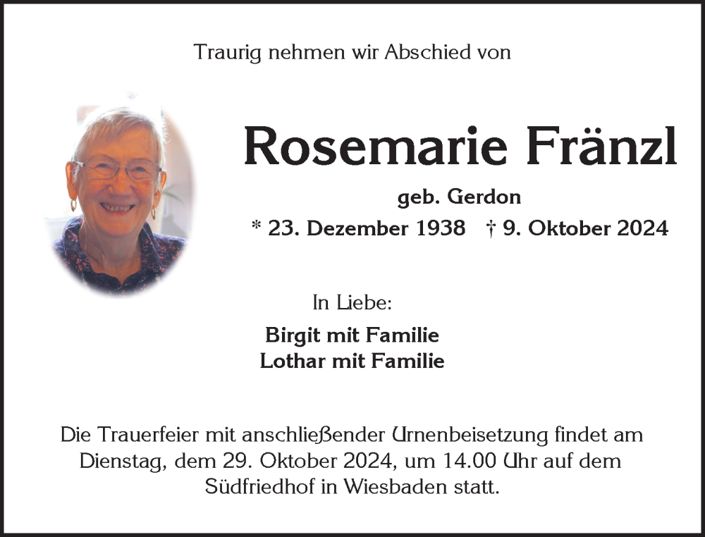  Traueranzeige für Rosemarie Fränzl vom 19.10.2024 aus Wiesbadener Kurier