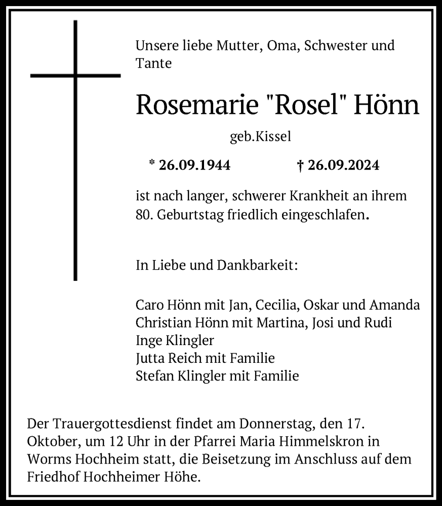  Traueranzeige für Rosemarie Hönn vom 12.10.2024 aus Wormser Zeitung