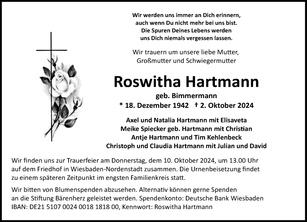  Traueranzeige für Roswitha Hartmann vom 08.10.2024 aus Wiesbadener Kurier