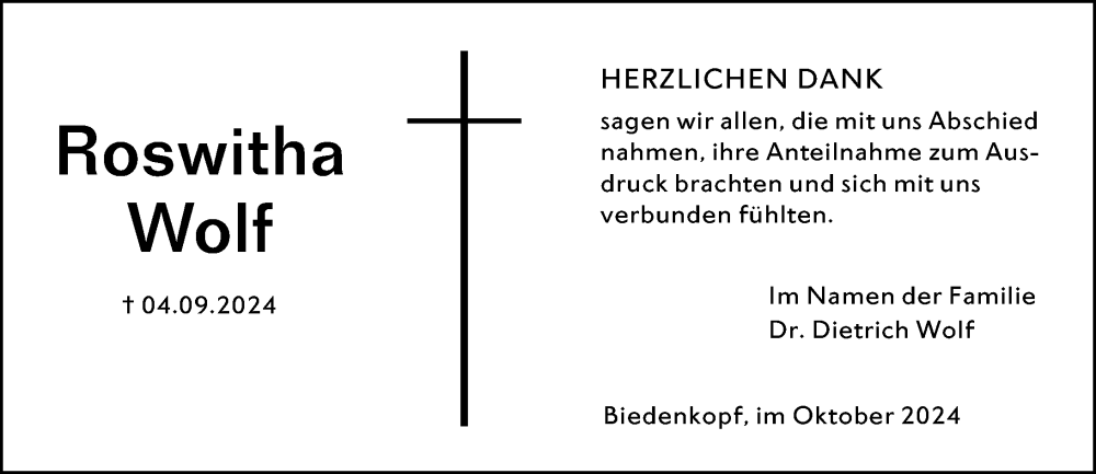  Traueranzeige für Roswitha Wolf vom 26.10.2024 aus Hinterländer Anzeiger