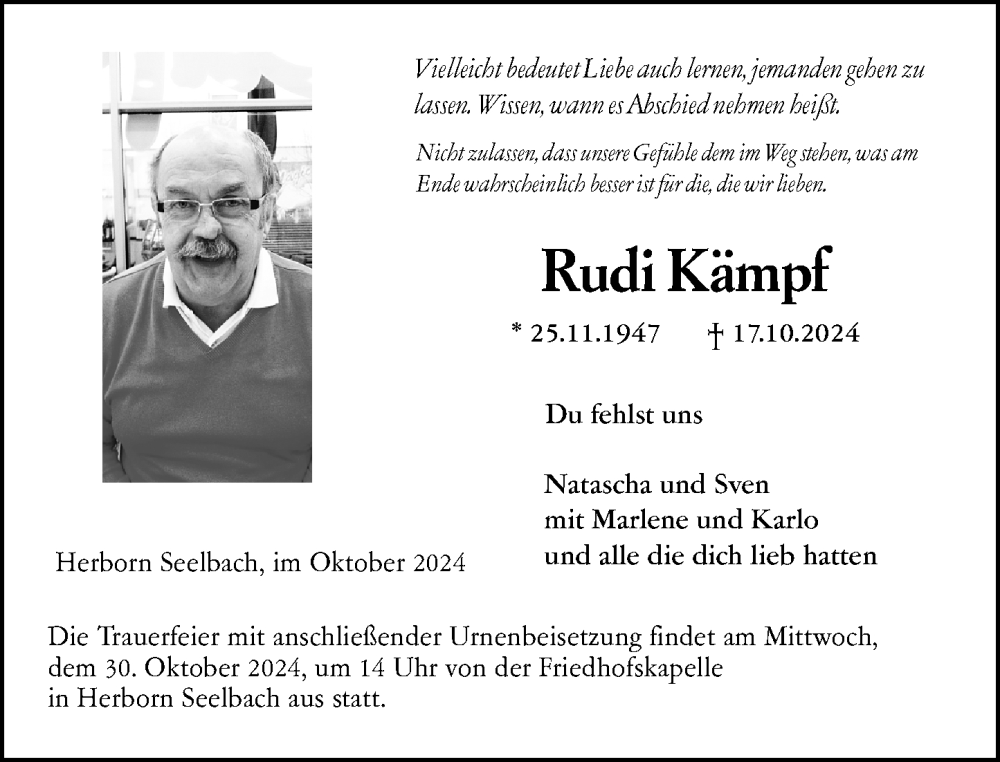  Traueranzeige für Rudi Kämpf vom 26.10.2024 aus Dill Block