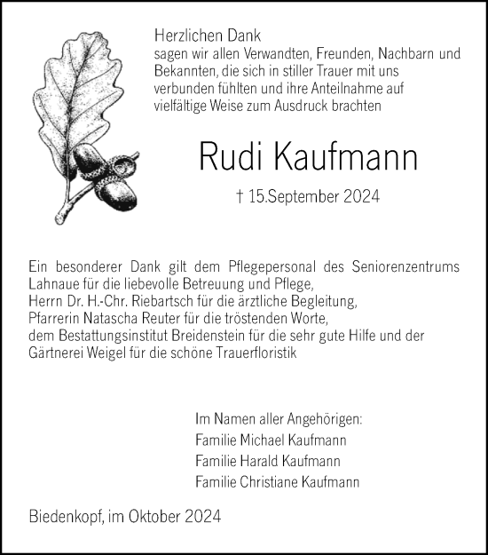 Traueranzeige von Rudi Kaufmann von Hinterländer Anzeiger