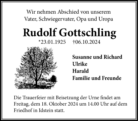 Traueranzeige von Rudolf Gottschling von Idsteiner Land/Untertaunus