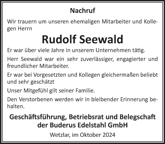 Traueranzeige von Rudolf Seewald von Wetzlarer Neue Zeitung