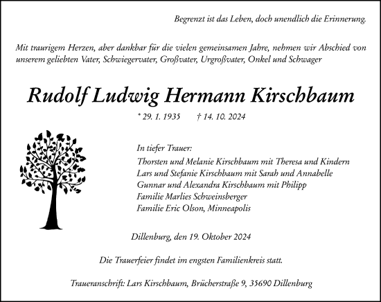 Traueranzeige von Rudolf Ludwig Hermann Kirschbaum von Dill Block