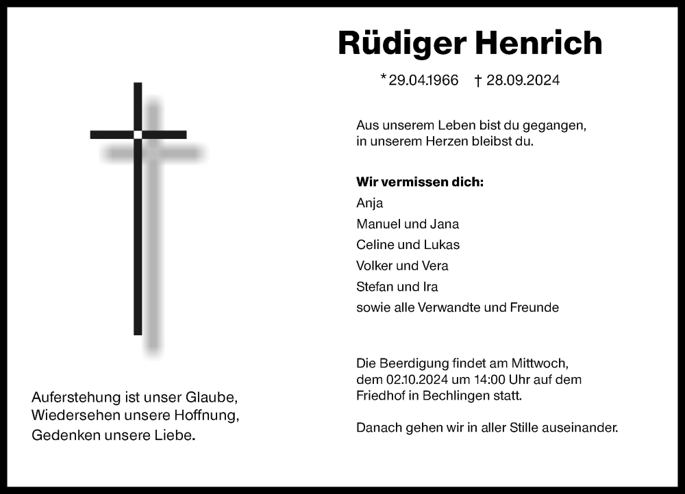 Traueranzeige für Rüdiger Henrich vom 01.10.2024 aus Hinterländer Anzeiger
