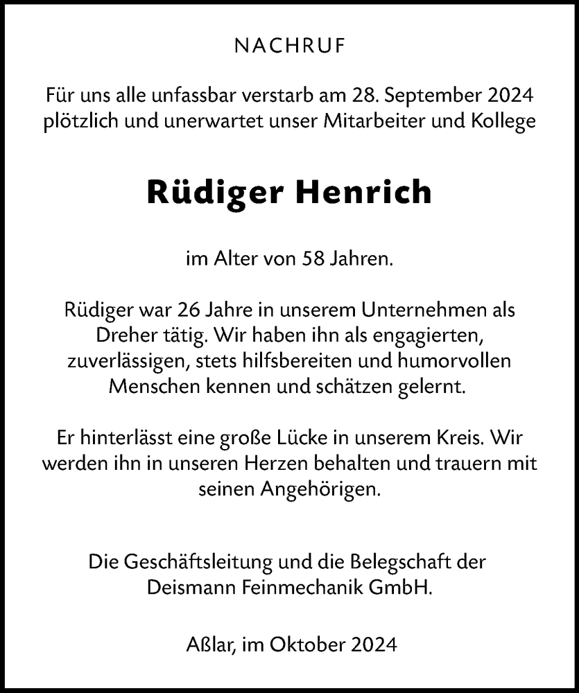  Traueranzeige für Rüdiger Henrich vom 19.10.2024 aus Wetzlarer Neue Zeitung