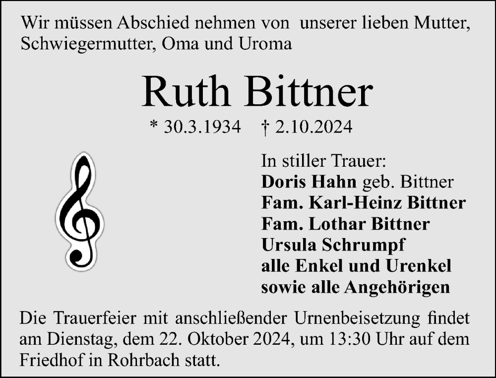  Traueranzeige für Ruth Bittner vom 19.10.2024 aus Darmstädter Echo