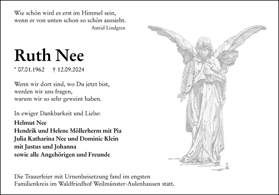 Traueranzeige von Ruth Nee von Weilburger Tageblatt