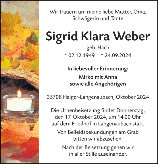 Traueranzeige von Sigrid Klara Weber von Dill Block
