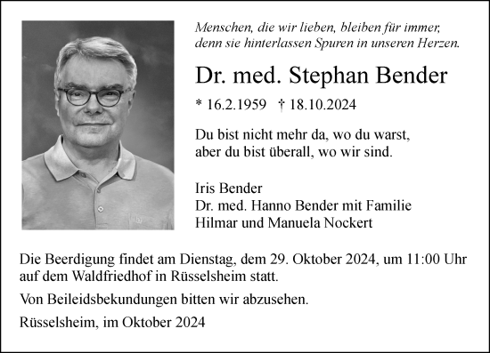 Traueranzeige von Stephan Bender von Rüsselsheimer Echo