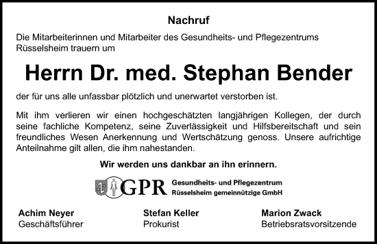 Traueranzeige von Stephan Bender von Rüsselsheimer Echo