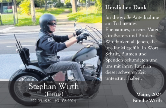 Traueranzeige von Stephan Wirth von Allgemeine Zeitung Mainz