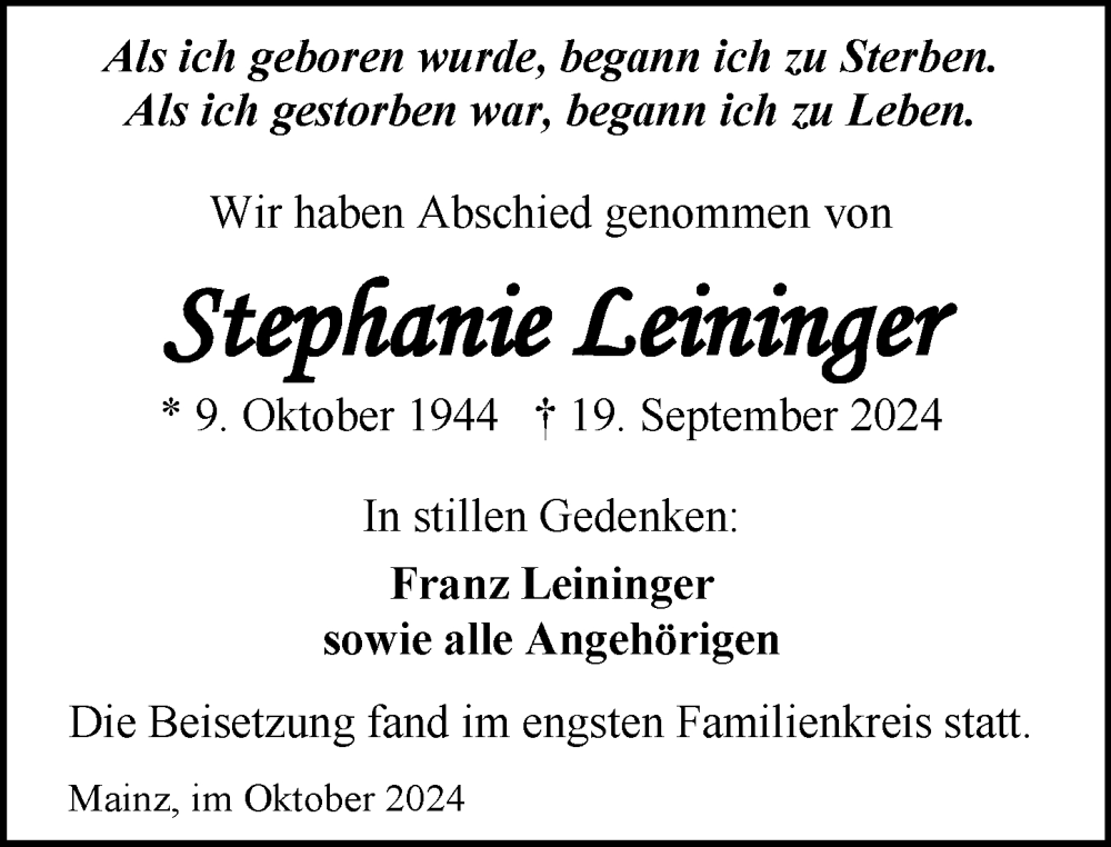 Traueranzeige für Stephanie Leininger vom 26.10.2024 aus Allgemeine Zeitung Mainz