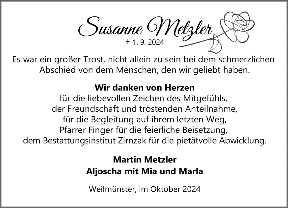  Traueranzeige für Susanne Metzler vom 26.10.2024 aus Weilburger Tageblatt