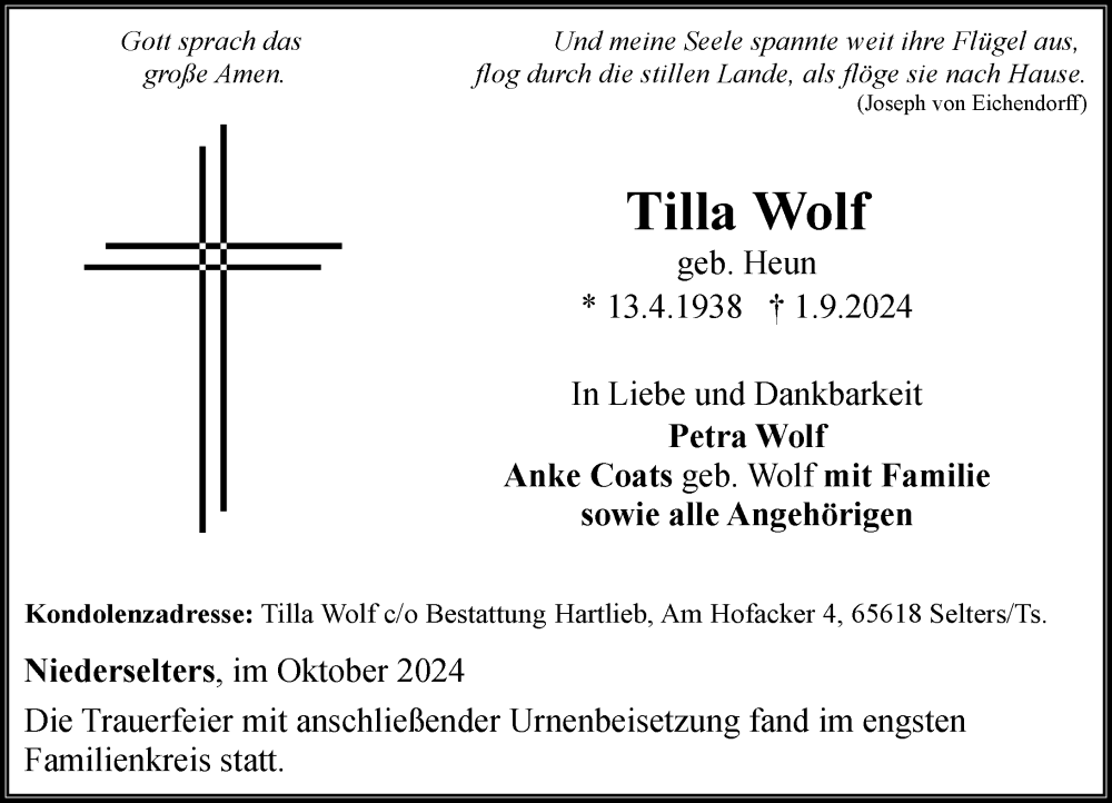  Traueranzeige für Tilla Wolf vom 10.10.2024 aus Camberger Anzeiger