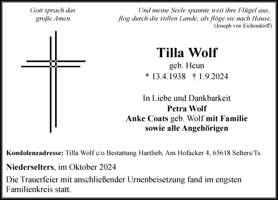 Traueranzeige von Tilla Wolf von Camberger Anzeiger