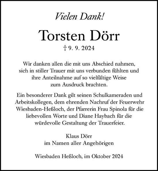 Traueranzeige von Torsten Dörr von Wiesbadener Kurier