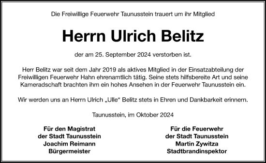 Traueranzeige von Ulrich Belitz von Idsteiner Land/Untertaunus