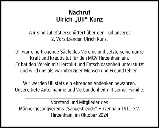Traueranzeige von Ulrich Kunz von Dill Block