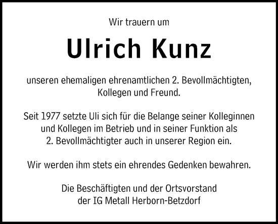 Traueranzeige von Ulrich Kunz von Hinterländer Anzeiger
