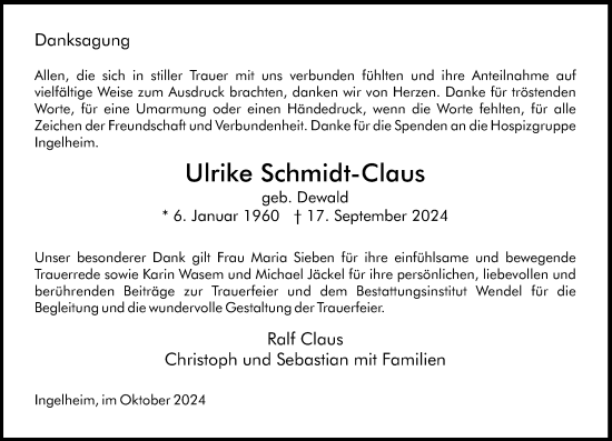 Traueranzeige von Ulrike Schmidt-Claus von Allgemeine Zeitung Rheinhessen-Nahe